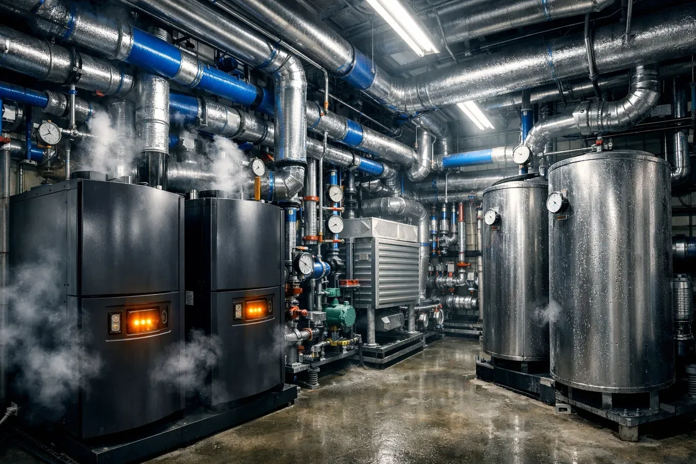Commercial building mechanical room with boilers, pipes, and HVAC equipment requiring water leak detection