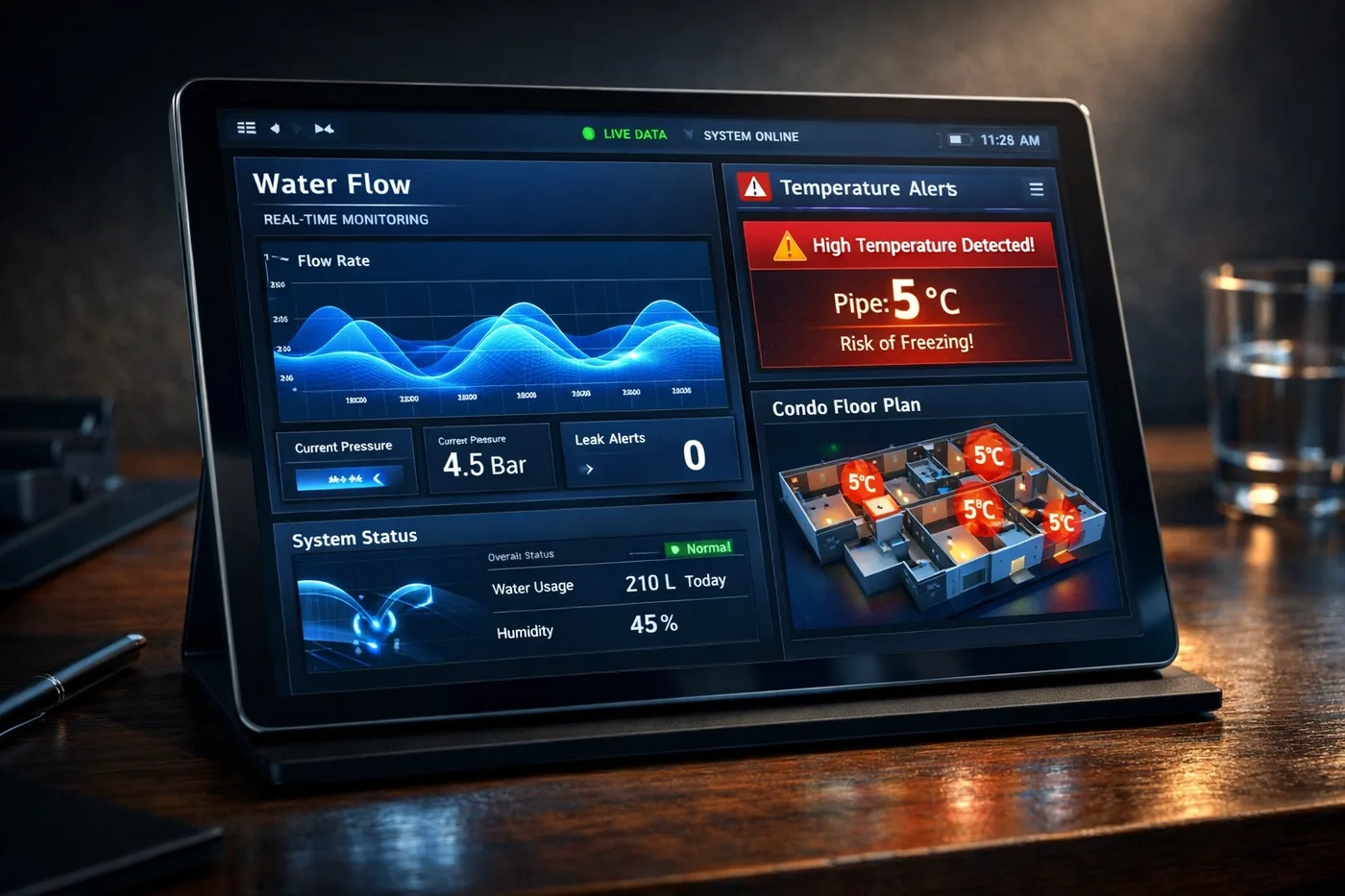 Remote water monitoring dashboard showing real-time condo leak detection and temperature alerts