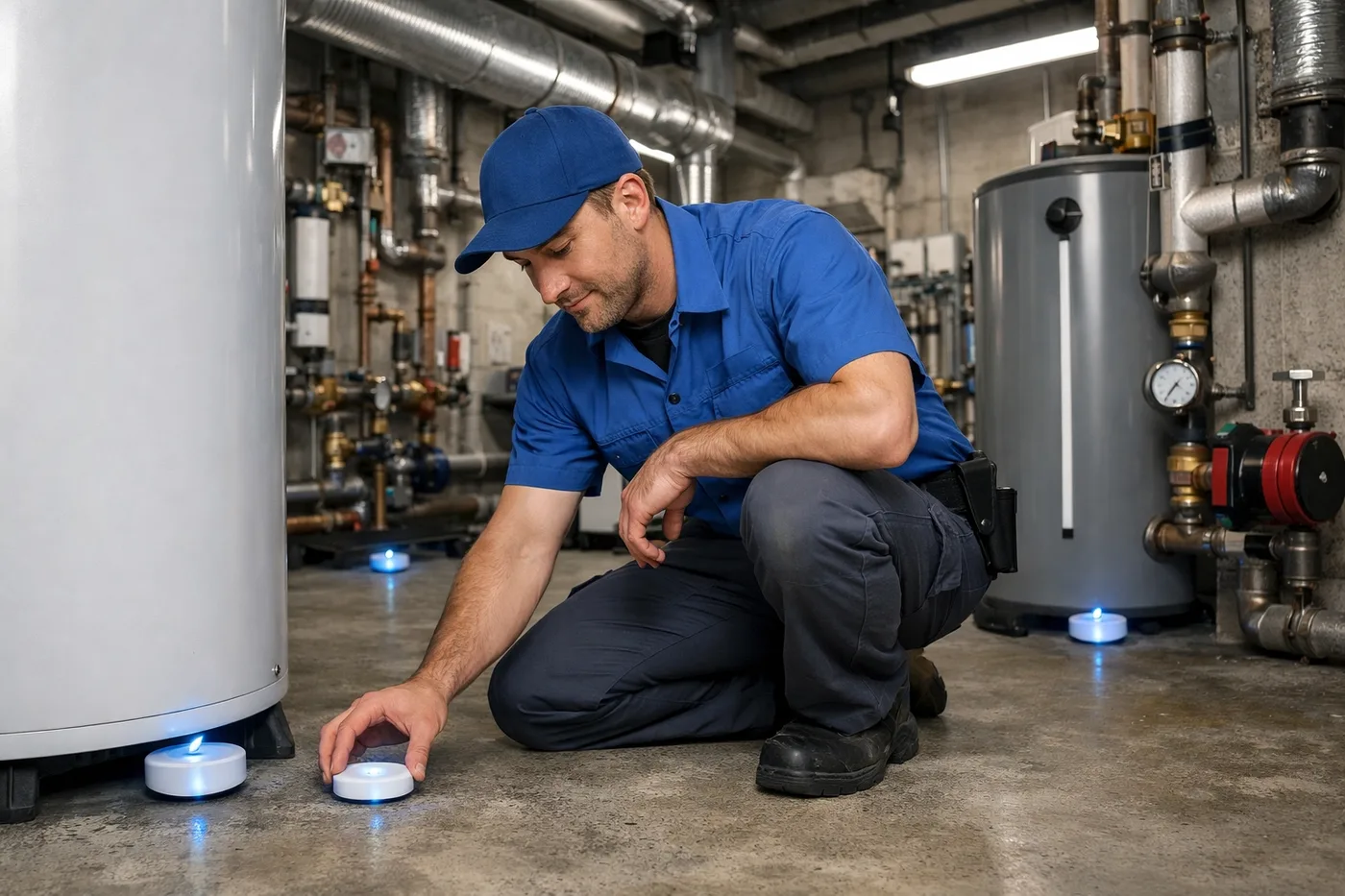Technician installing wireless leak detection sensors in Richmond high-rise mechanical room