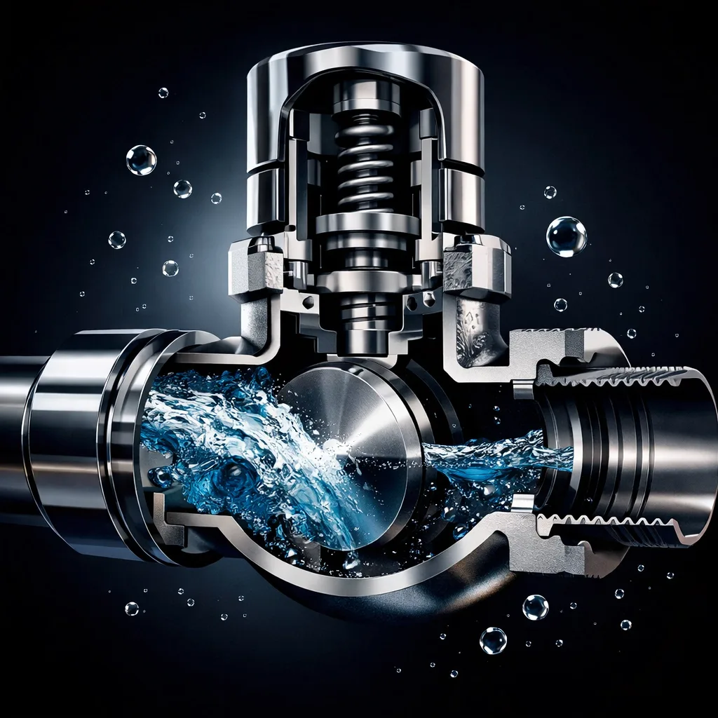 Automatic water shutoff valve cross-section showing internal mechanism stopping water flow