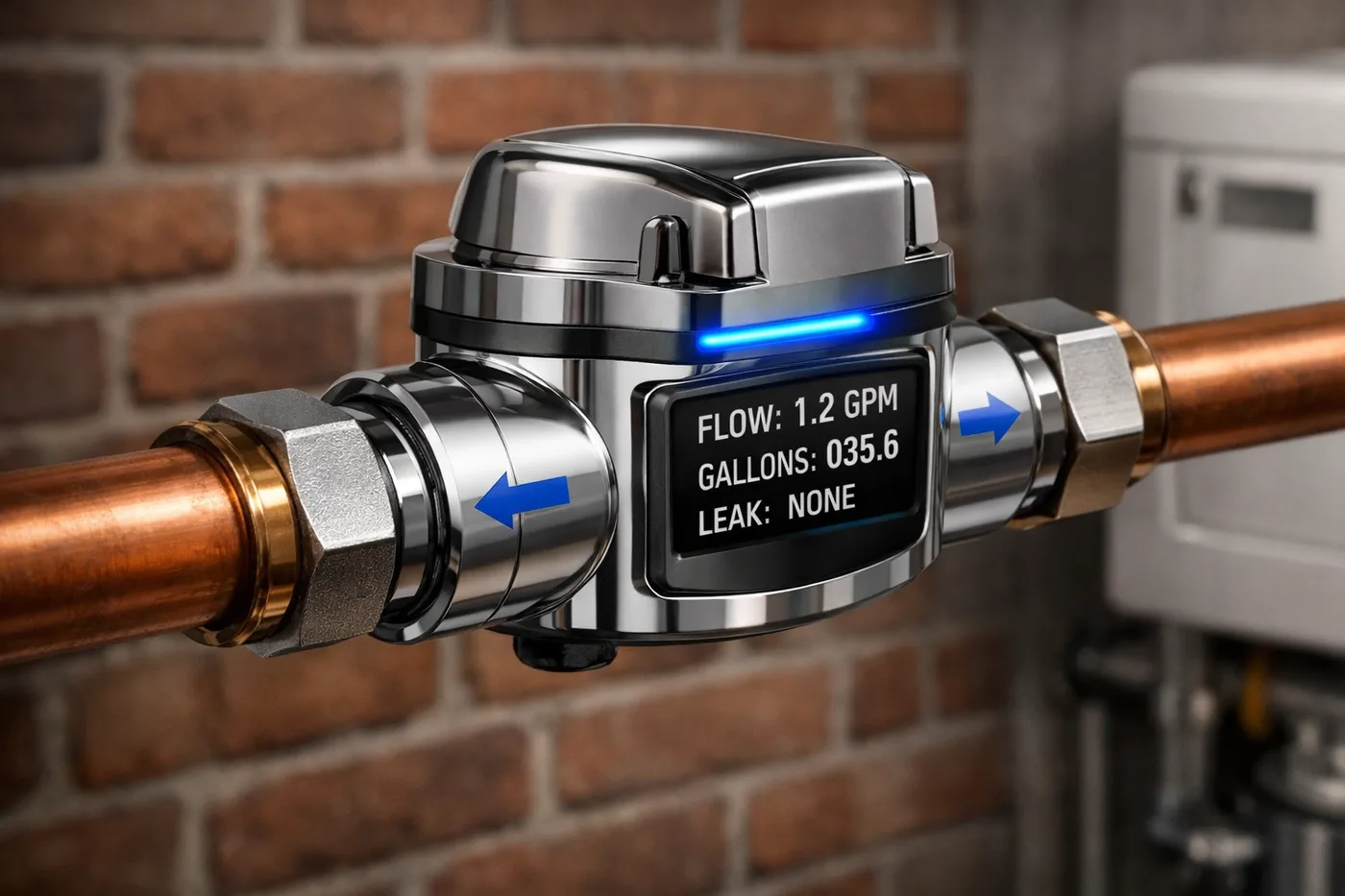 Automatic water shutoff valve installed on copper pipe with digital flow monitoring display