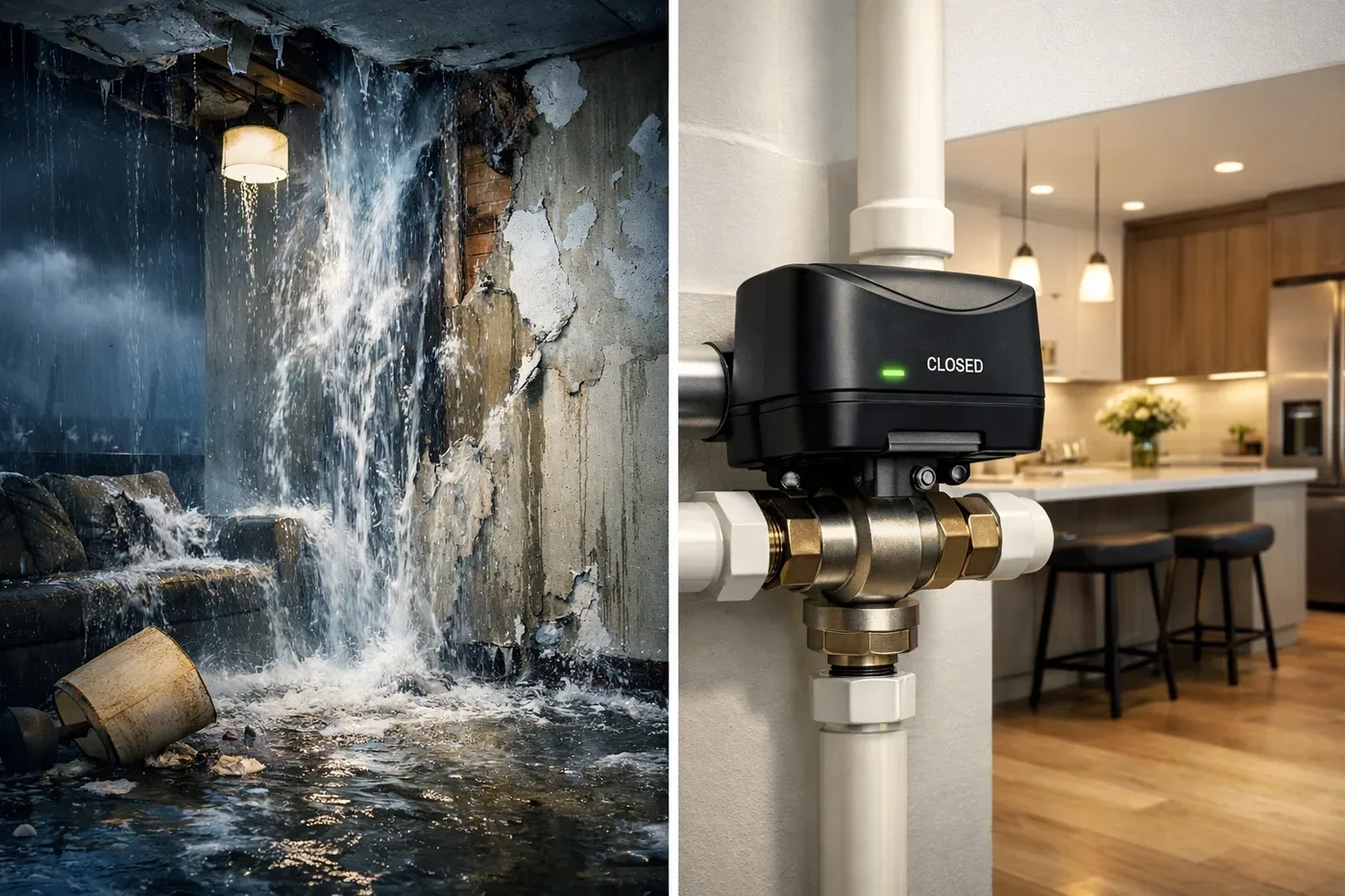 Automatic water shutoff valve preventing apartment flooding compared to water damage