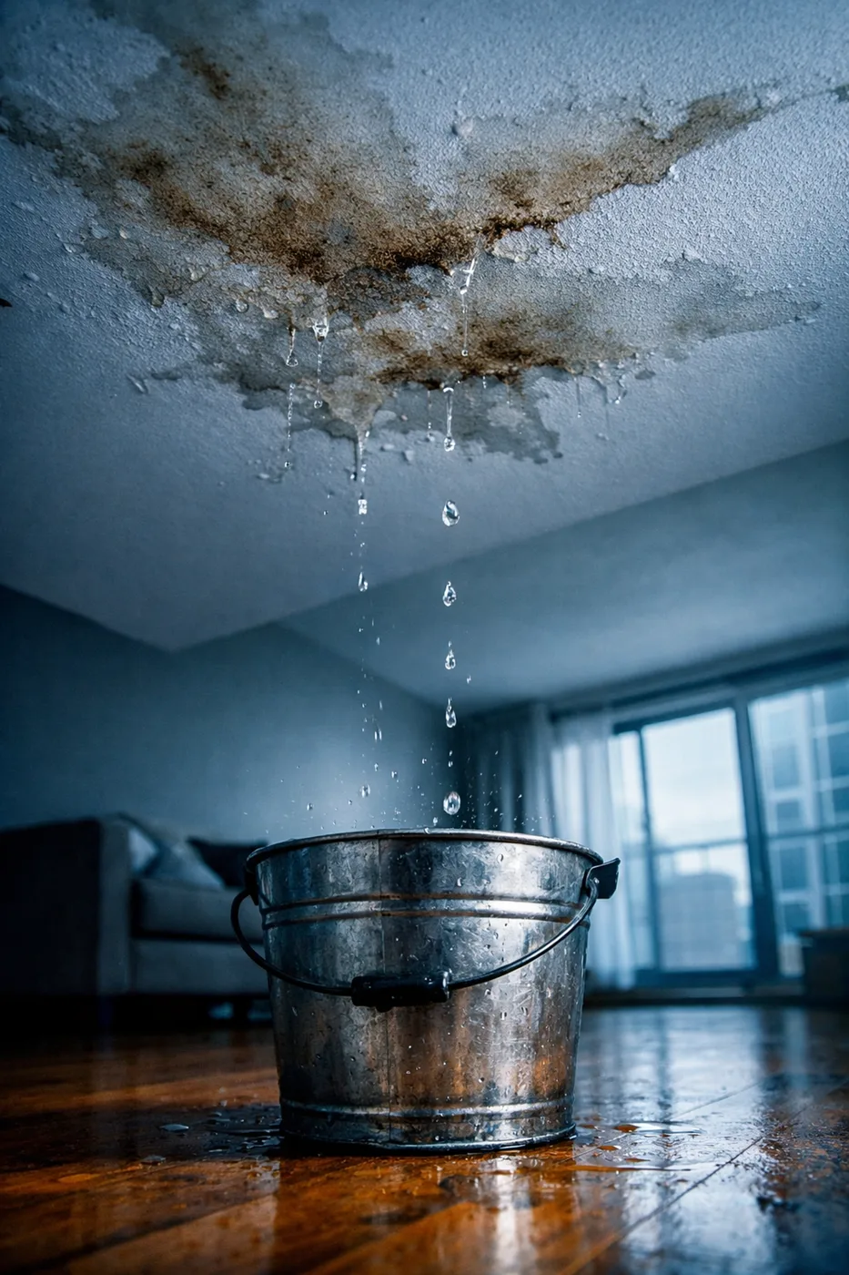 Water damage from ceiling leak in apartment building with bucket catching dripping water