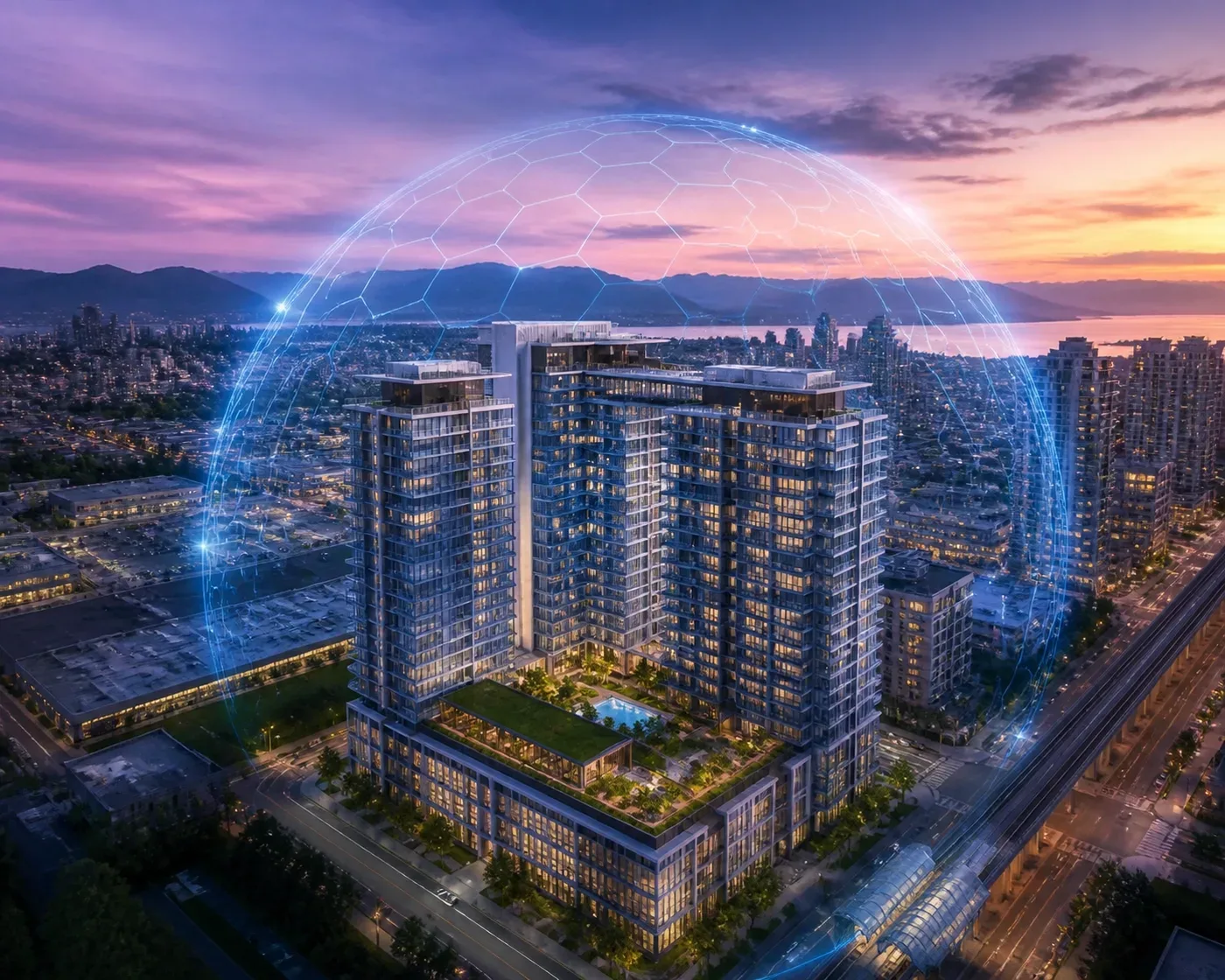 Protective digital shield over a Burnaby high-rise condo, illustrating total water security for assets.