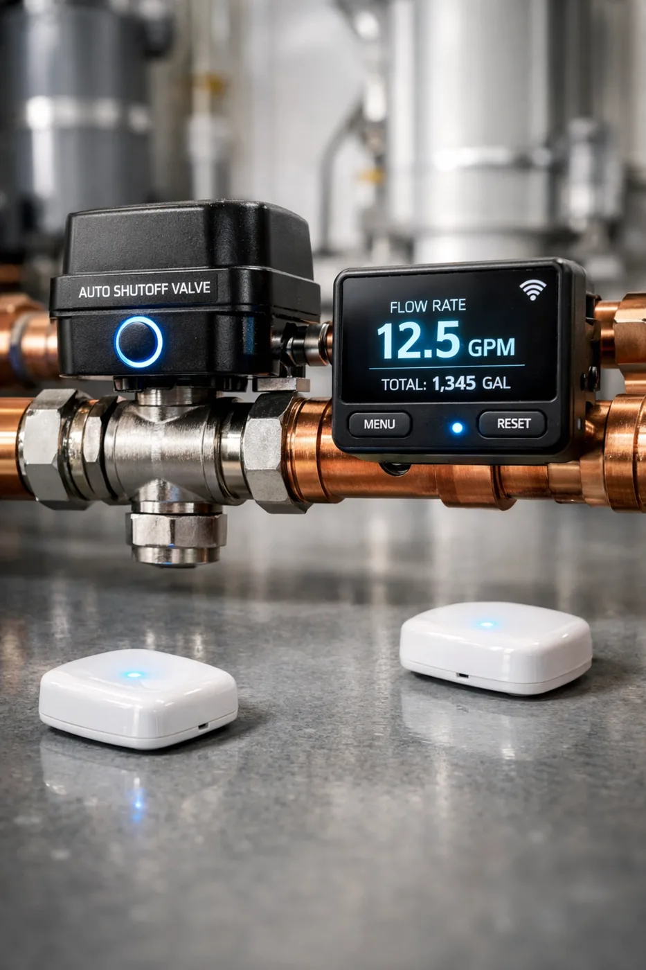 Automatic water shut off valve and smart leak detection system installed on copper building pipes.