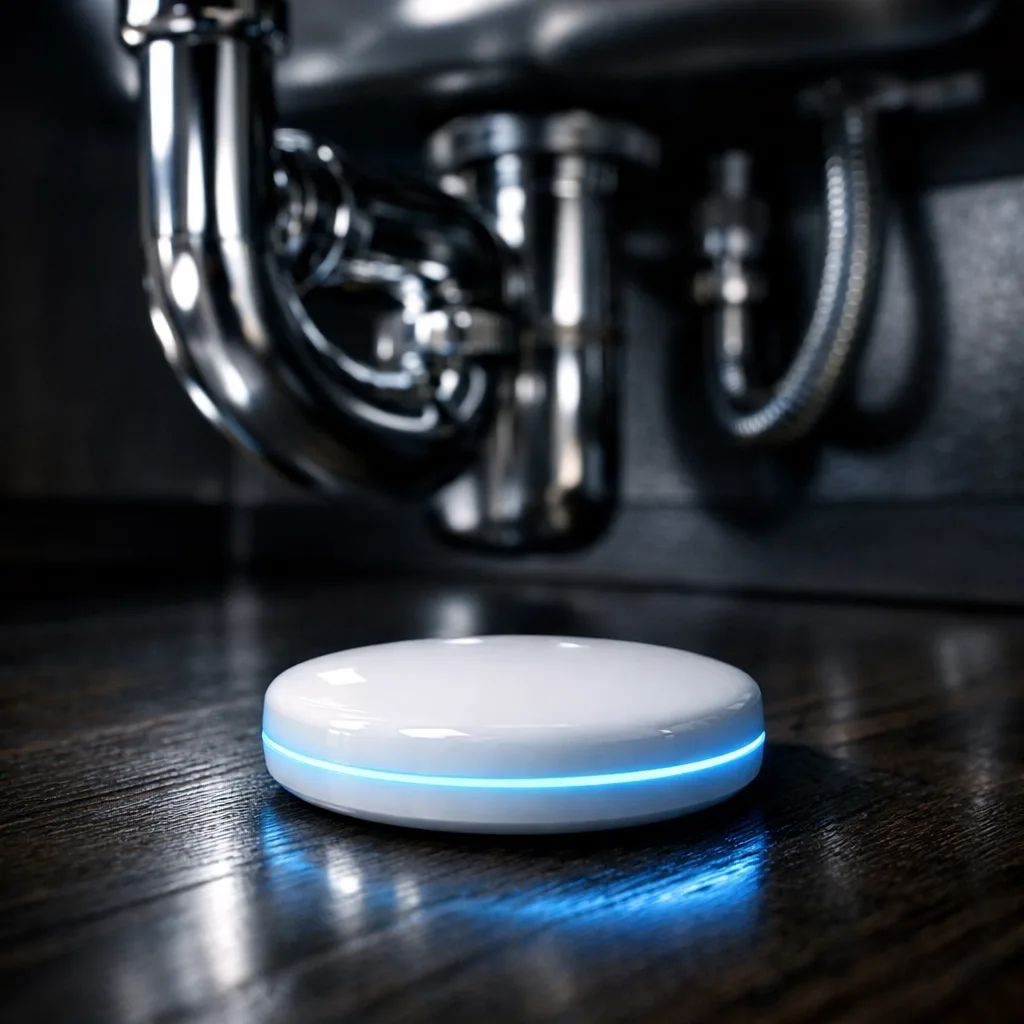 Smart water leak detector sensor placed under a kitchen sink for high-rise water leak detection.