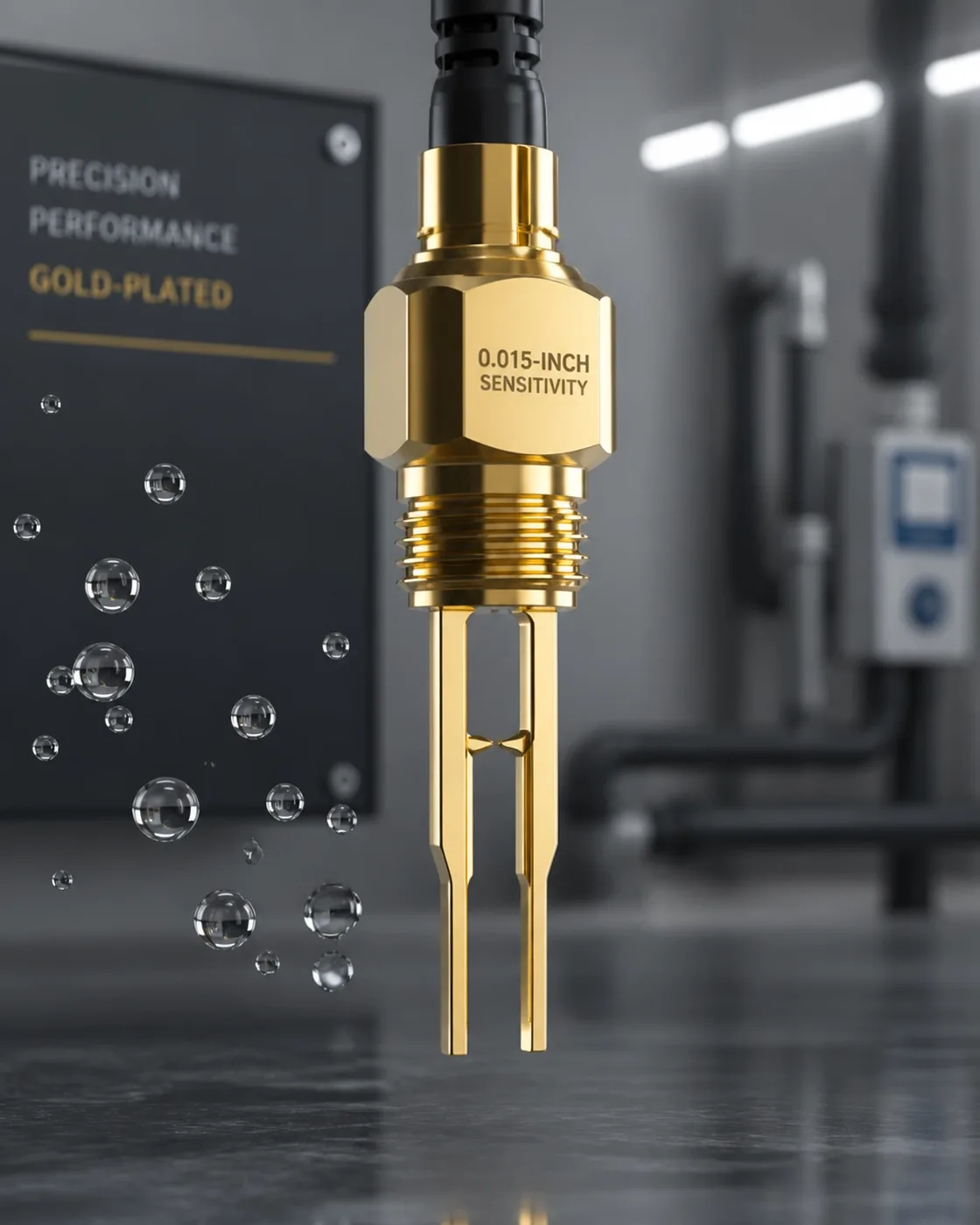 A close-up, high-detail macro shot of a gold-plated water sensor probe showing its high-quality construction.