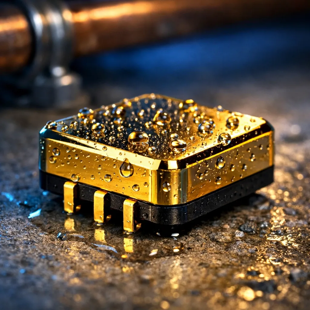 Gold-plated water leak sensor installed near pipes for commercial leak detection