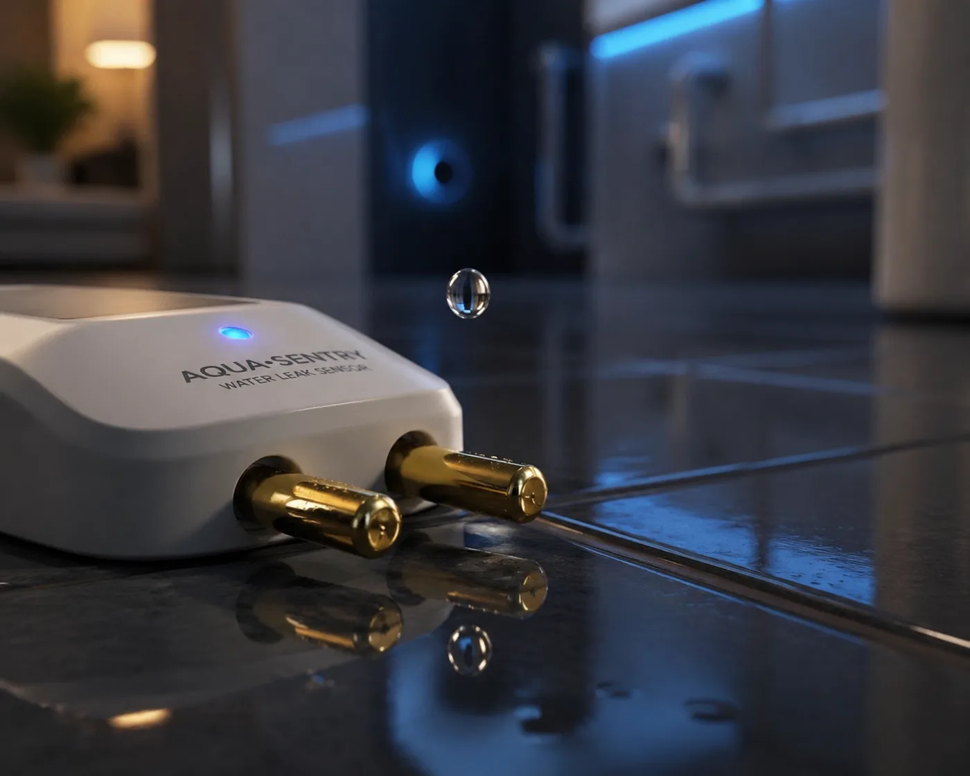 Gold-plated water leak sensor probes providing reliable water damage protection for Vancouver apartment buildings.