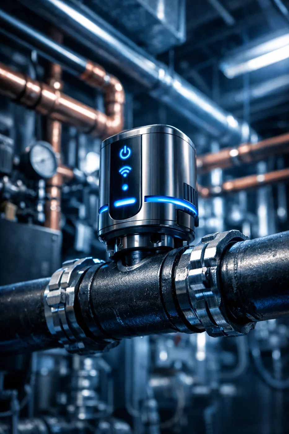 Smart water shutoff valve installed on main water line in commercial building