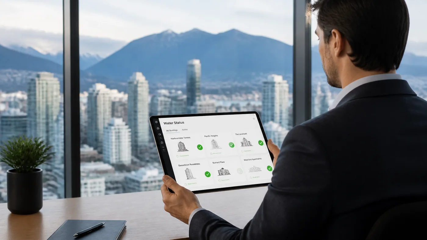 Property manager using a remote monitoring dashboard for multiple high-rise buildings