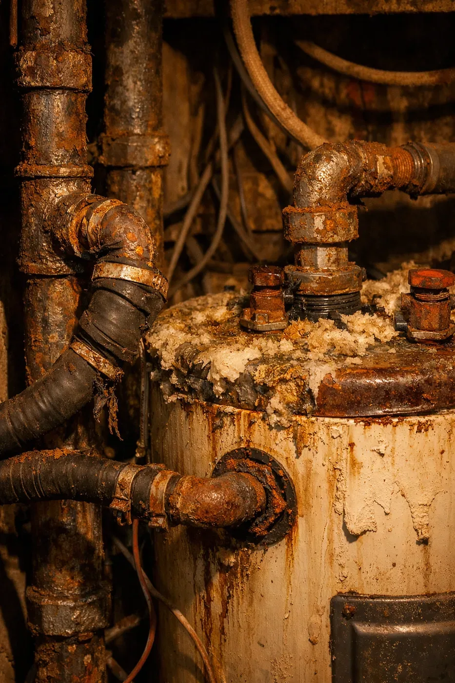 Corroded pipes and aging water heater in mechanical room showing deteriorating building infrastructure