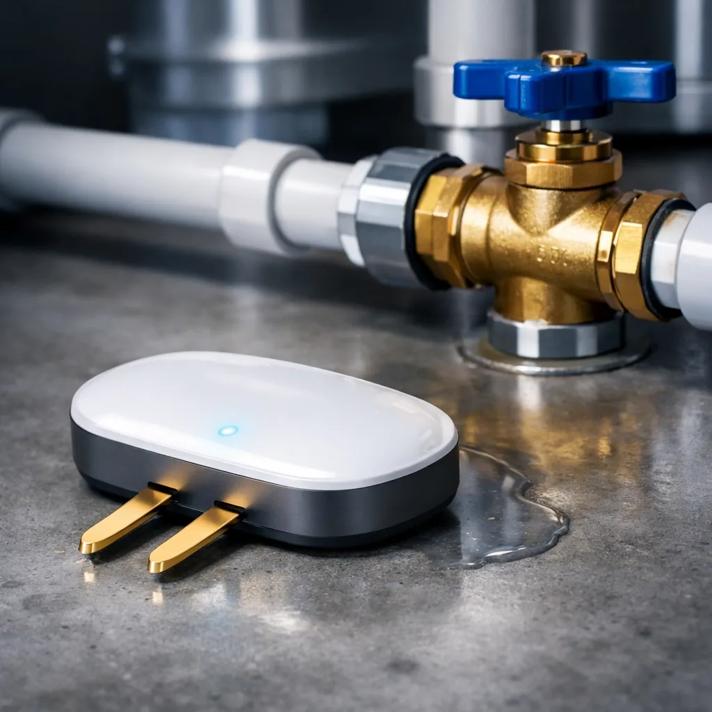 Smart water leak sensor with gold-plated probes installed next to pipes and automatic shutoff valve