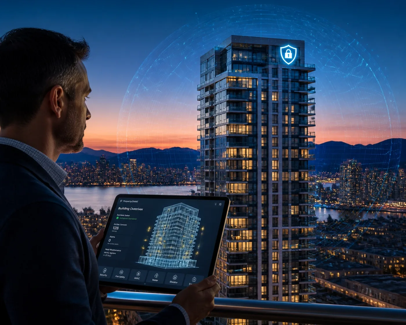 Property manager monitoring a smart water leak detection system in a high-rise building in Vancouver.