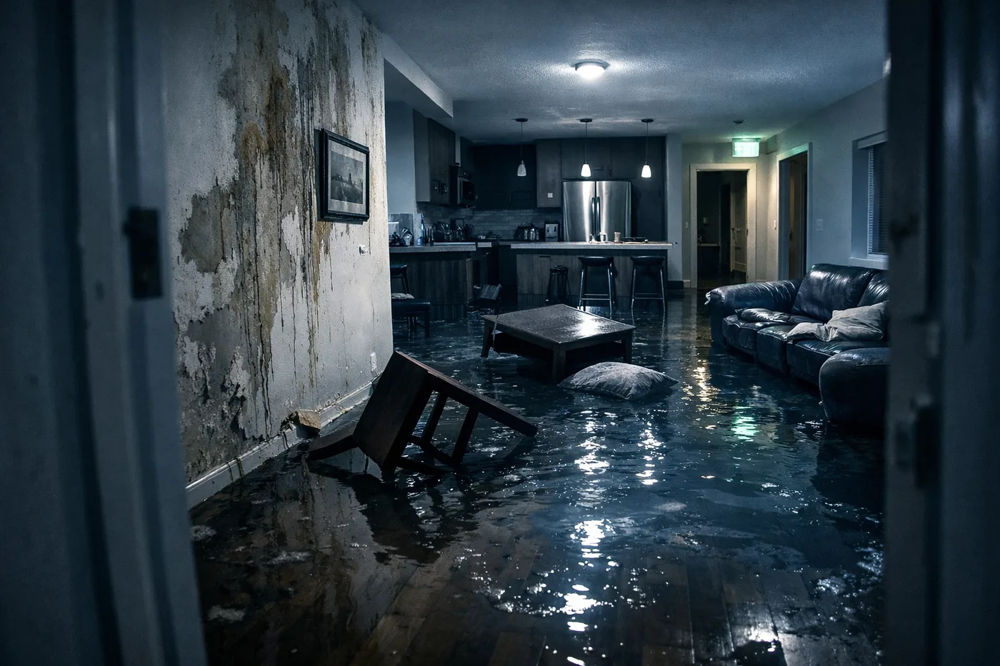 Flooded Burnaby condo interior with water damage from Poly B pipe failure