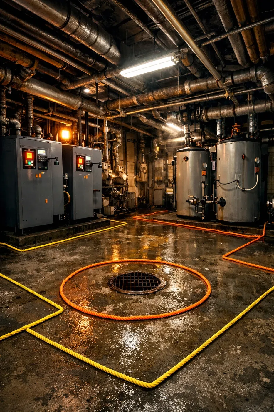 Building mechanical room with rope water sensors protecting boilers and equipment