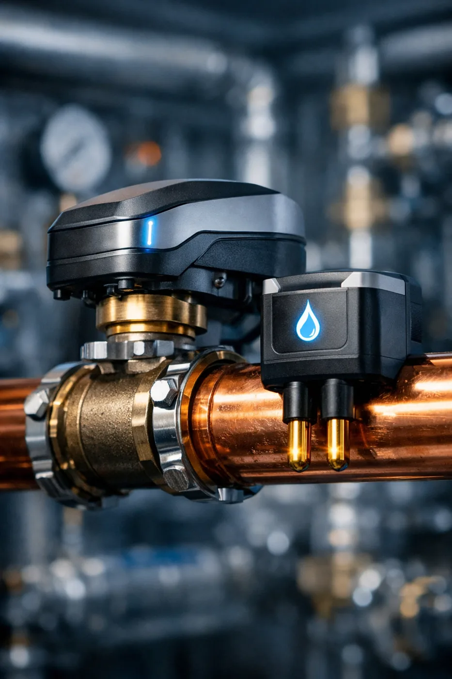 Automated water shut-off valve and IoT leak detection sensor on a building plumbing line.