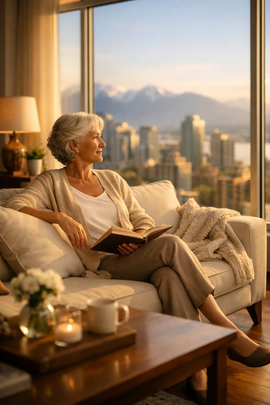 Senior woman enjoying independent living and aging in place in a secure Vancouver high-rise apartment.