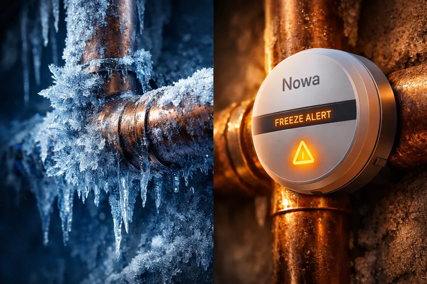 Nowa freeze alert sensor on a copper pipe protecting Vancouver condos from burst pipes.