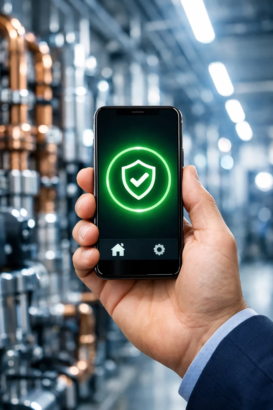 High-rise building manager using a smart water leak detection app to monitor plumbing and automatic shutoff.