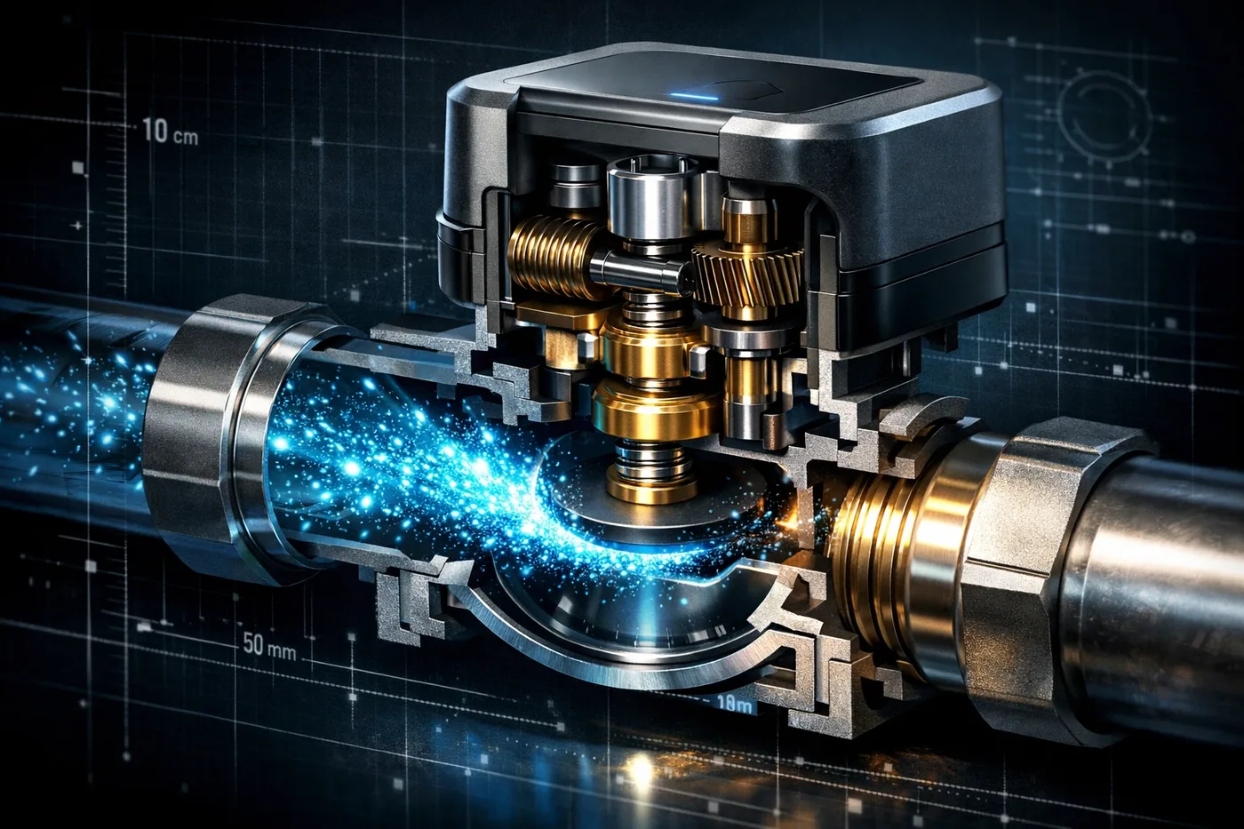 Automatic water shutoff valve with leak detection showing internal motorized mechanism