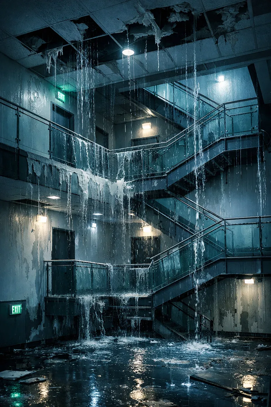 Water damage cascading through multiple floors in high-rise building without leak detection