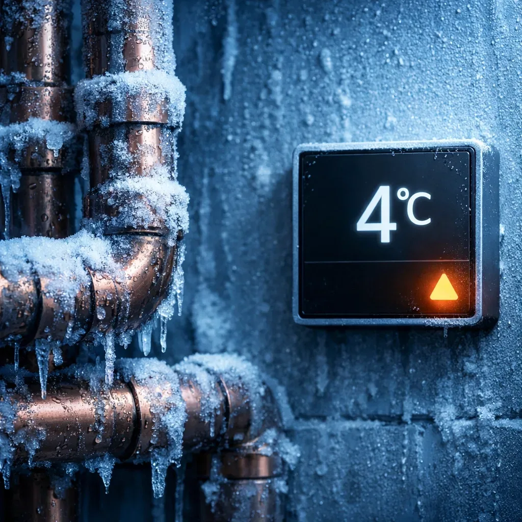 Freeze alert sensor monitoring temperature on cold pipes in mechanical room at 4°C