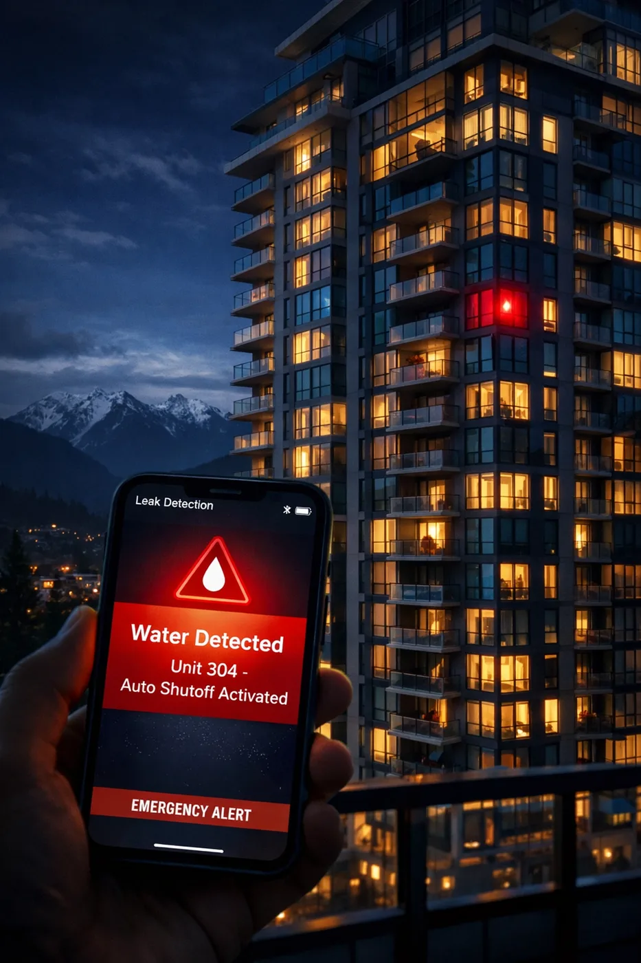Coquitlam condo building at night with smartphone displaying leak detection alert notification