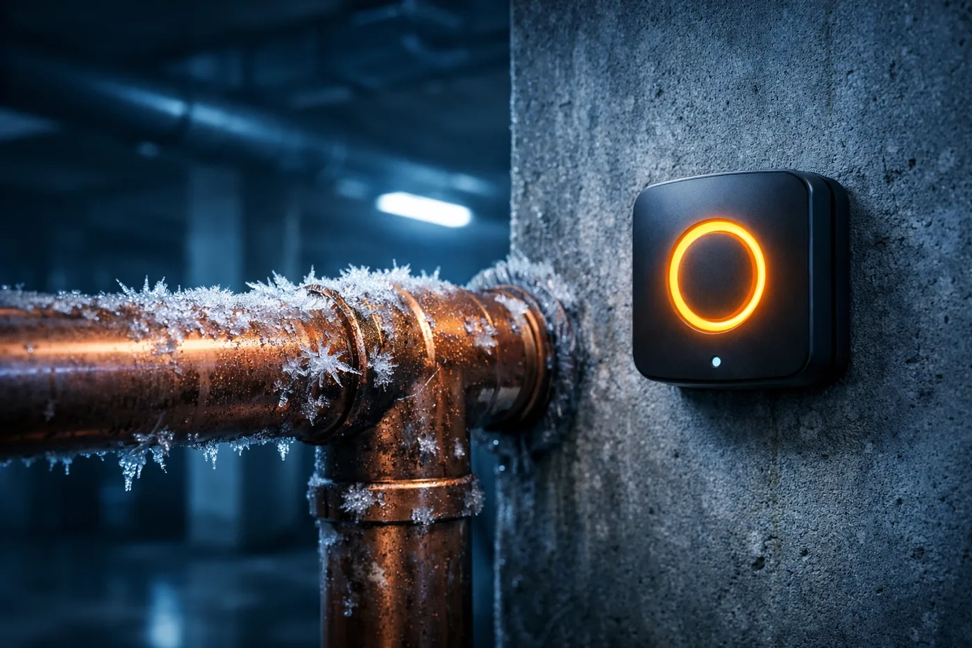 Commercial freeze alert sensor detecting frost on building pipes to prevent water damage in a Vancouver condo.