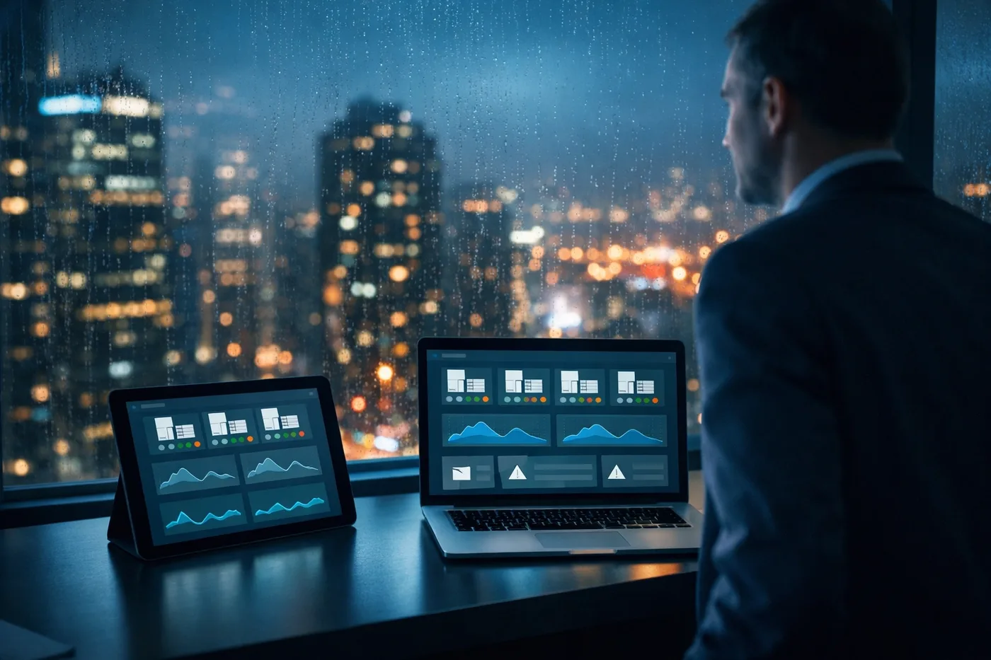Property manager monitoring a high-rise water leak detection system dashboard for multiple buildings.