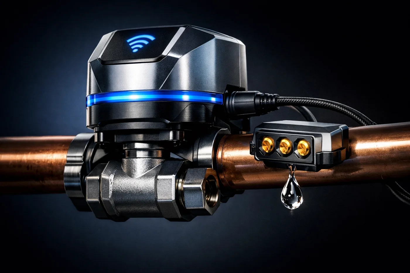 Smart water shut off valve with leak detection sensor mounted on copper pipe showing gold-plated contacts