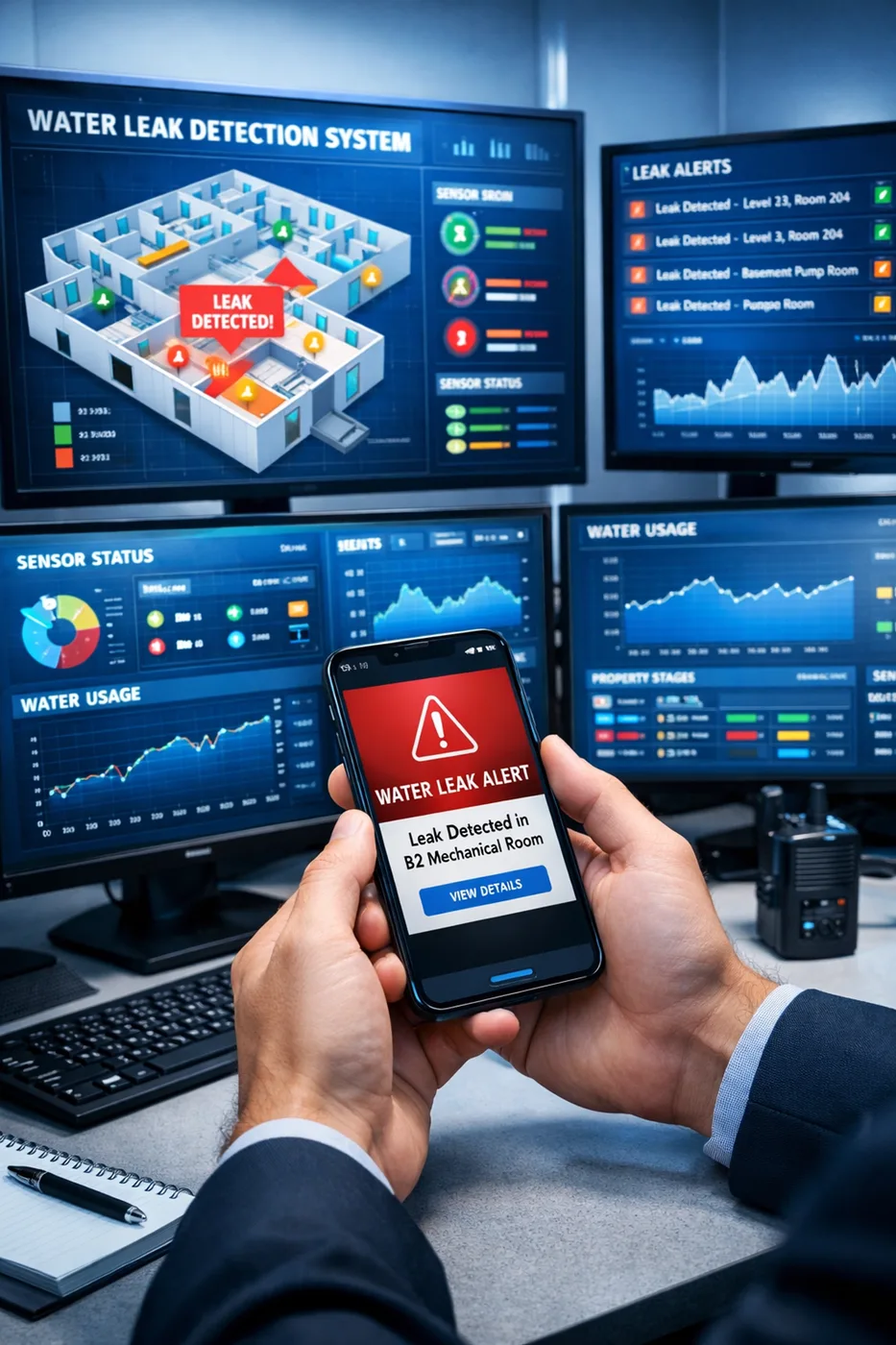 Property manager receiving smart water leak detection alert on smartphone with monitoring dashboard