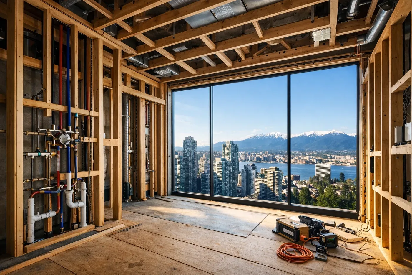 Professional condo water leak detection system installation during a luxury Vancouver unit renovation.