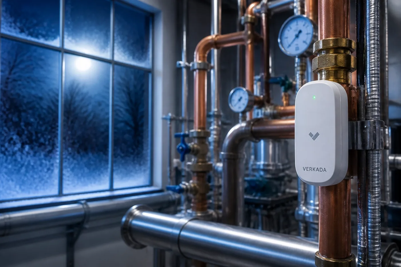 Commercial leak detection system with freeze alert sensor protecting pipes in a mechanical room.