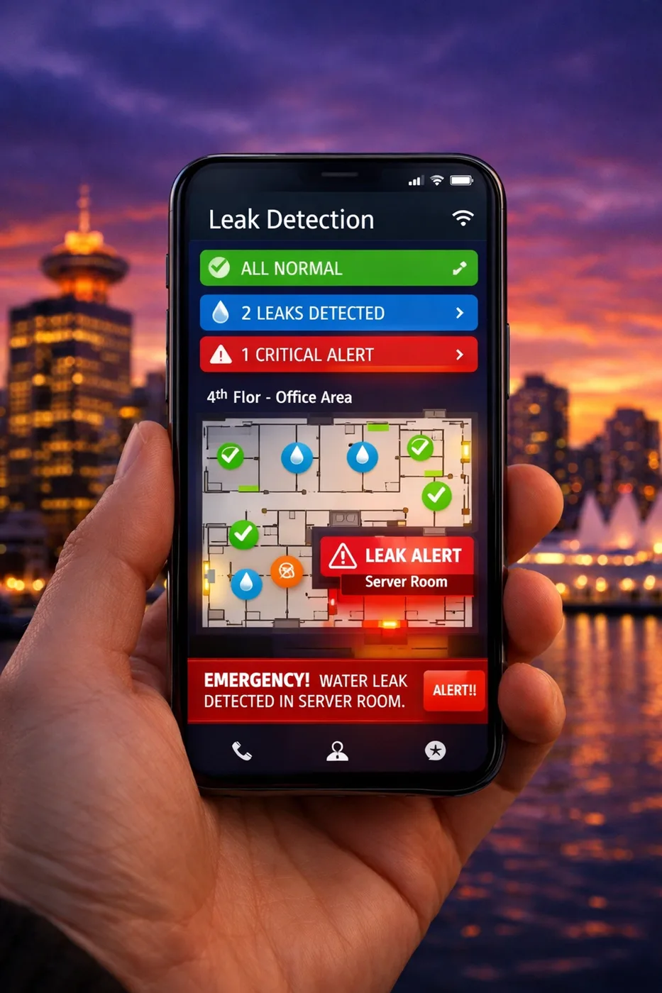 Smartphone displaying real-time leak detection alerts and building monitoring in Vancouver