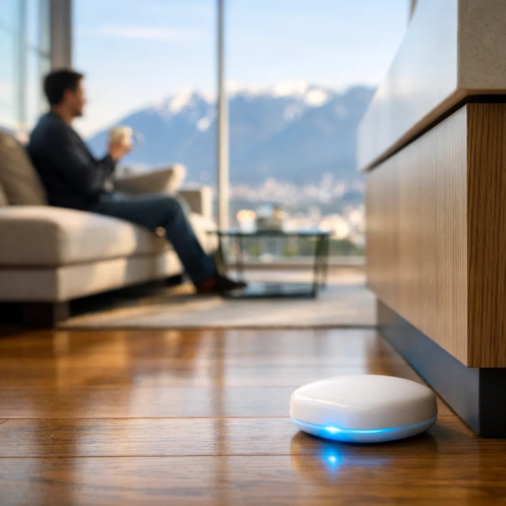 Smart condo water leak detection sensor on a hardwood floor in a modern Vancouver high-rise apartment.