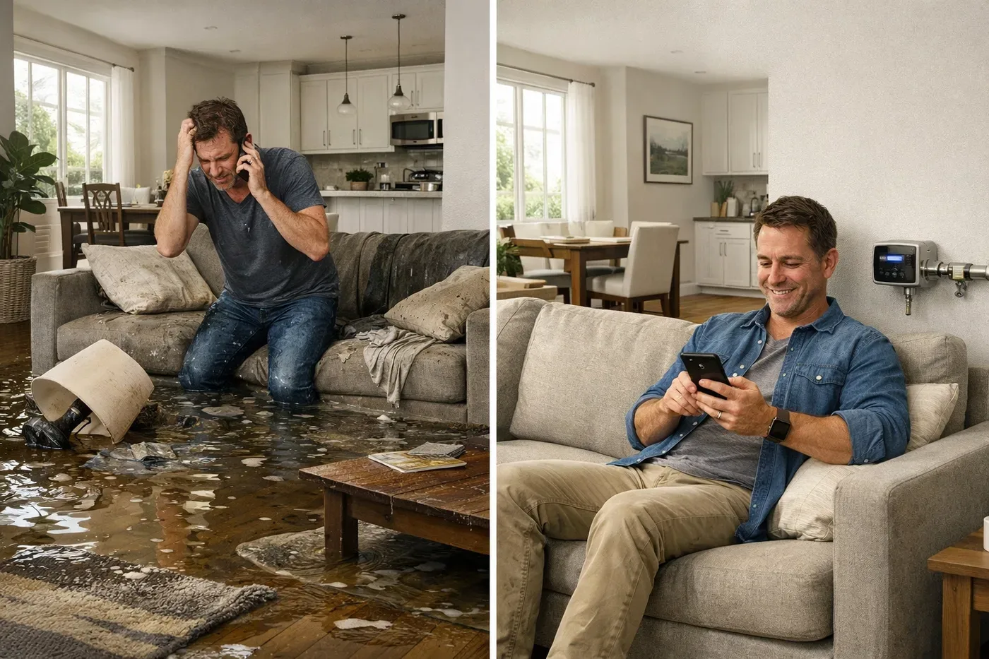 Before and after comparison showing flooded room versus protected home with automatic water shutoff valve
