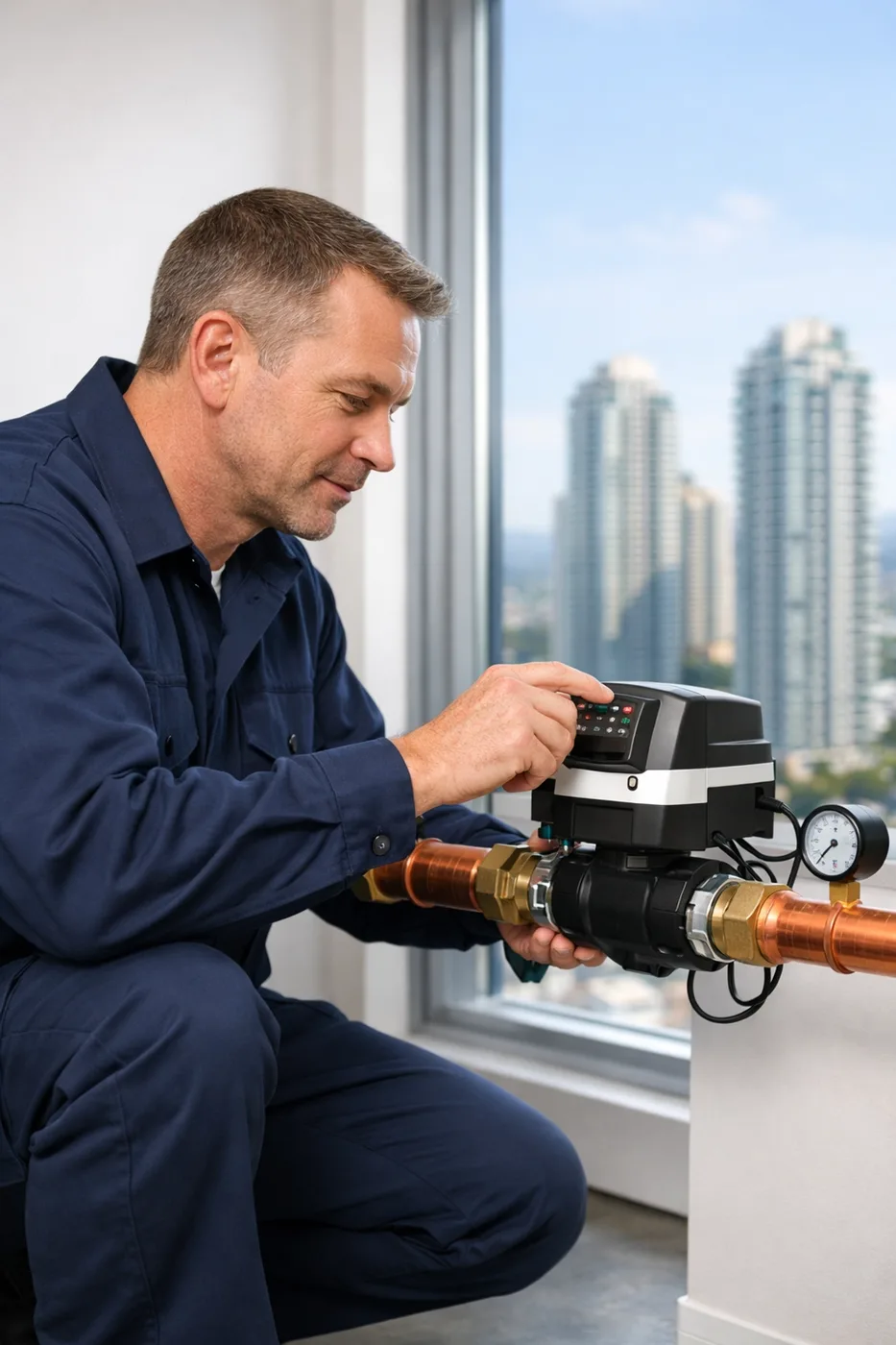 Technician installing an automatic water shutoff valve in a Coquitlam high-rise for advanced leak protection.