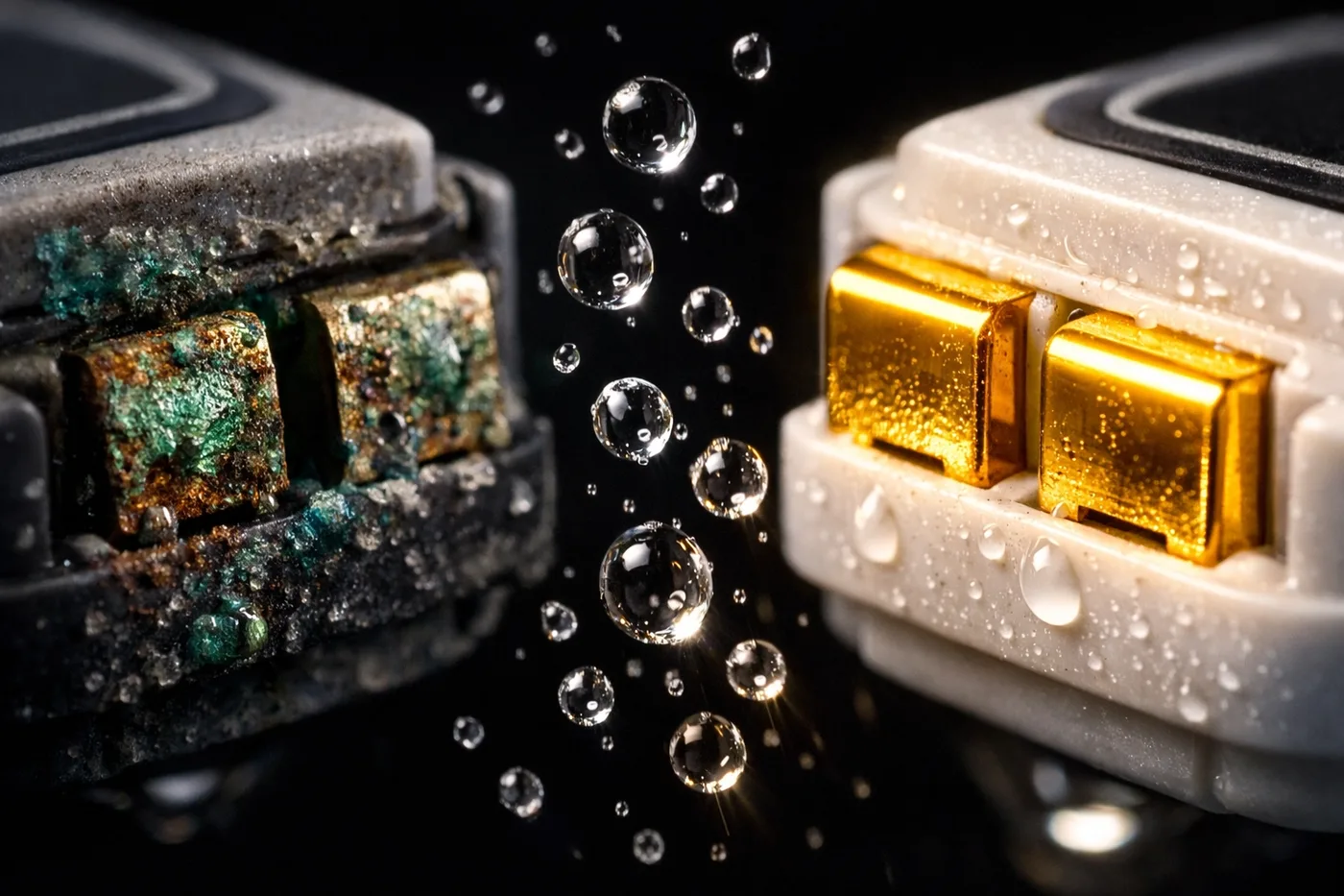 Comparison of corroded vs gold-plated water leak sensor contacts demonstrating superior reliability