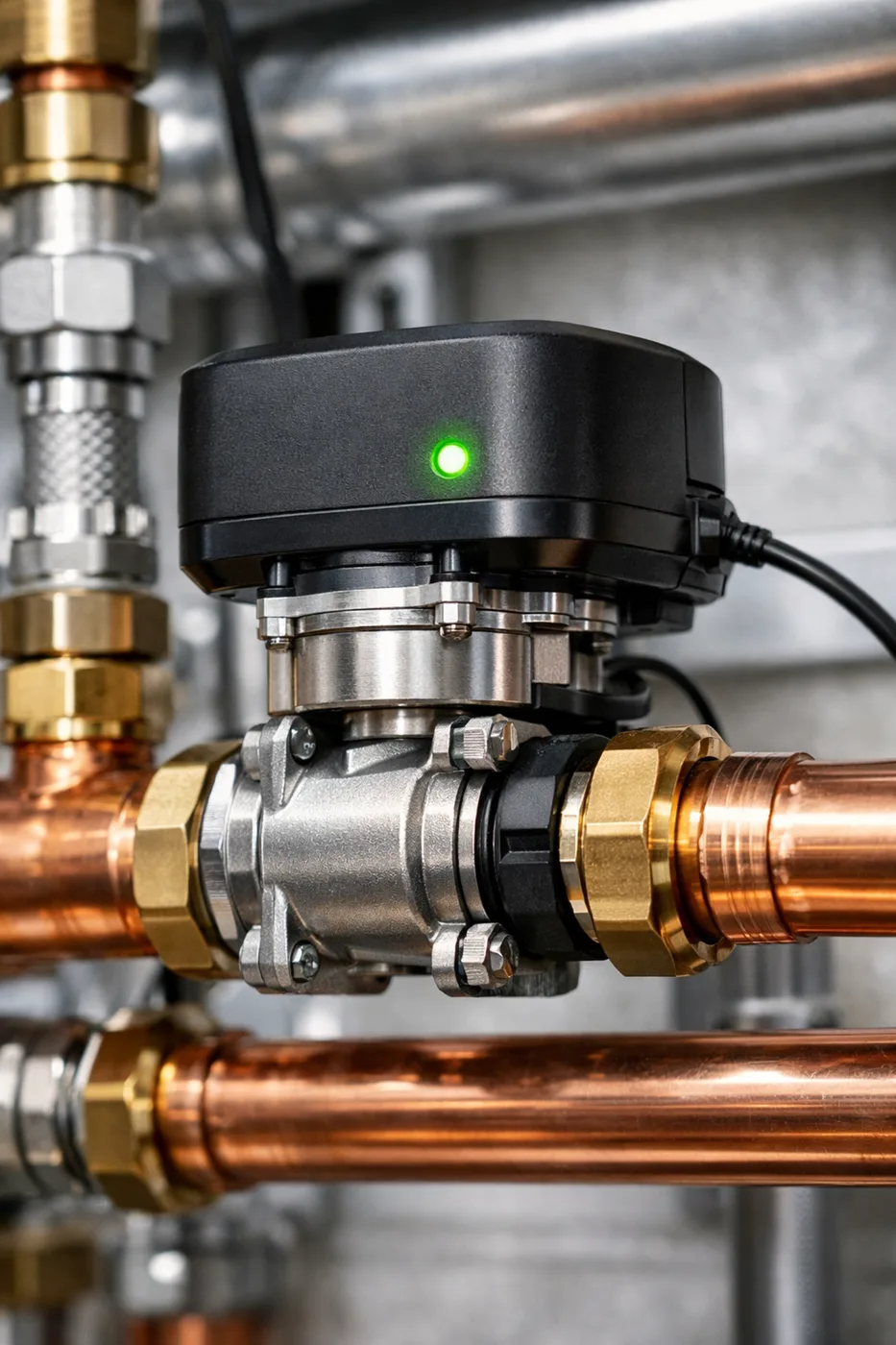 A professional automatic water shut off valve installed on copper pipes to prevent commercial water damage.
