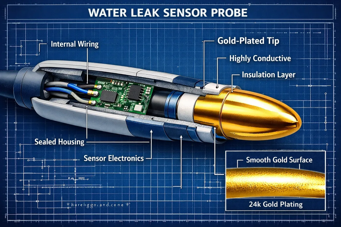 Gold-plated probe technology in smart water leak detector