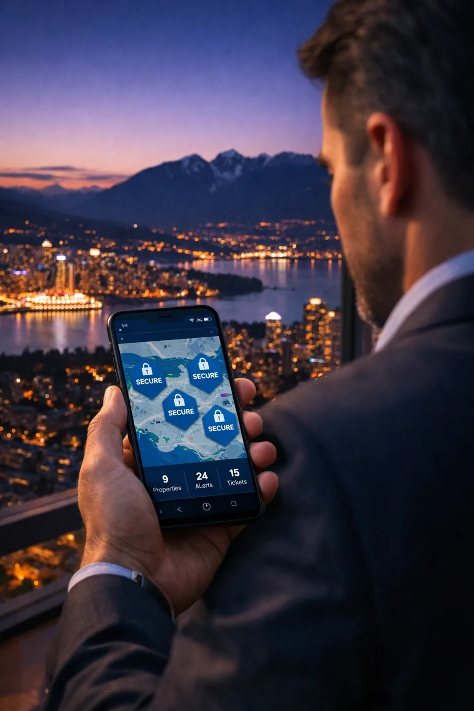 Property manager using a mobile app for high-rise water leak detection monitoring in Vancouver.