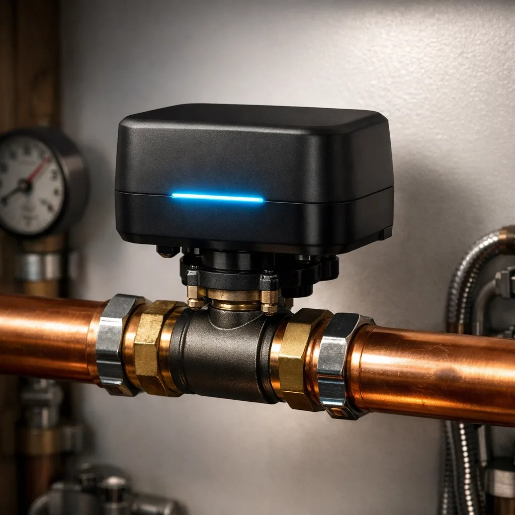 Nowa smart water shut off valve with leak detection installed on a copper main water pipe in a condo.