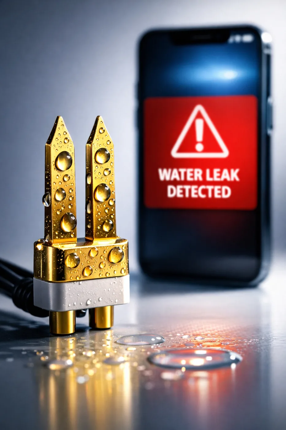 Gold-plated water leak sensor probes detecting water with smartphone alert notification