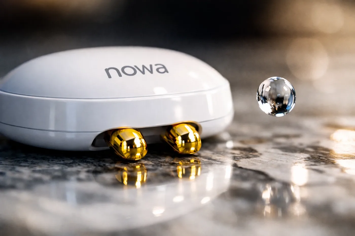Macro of a Nowa water sensor with gold-plated probes identifying a leak on a luxury marble floor.