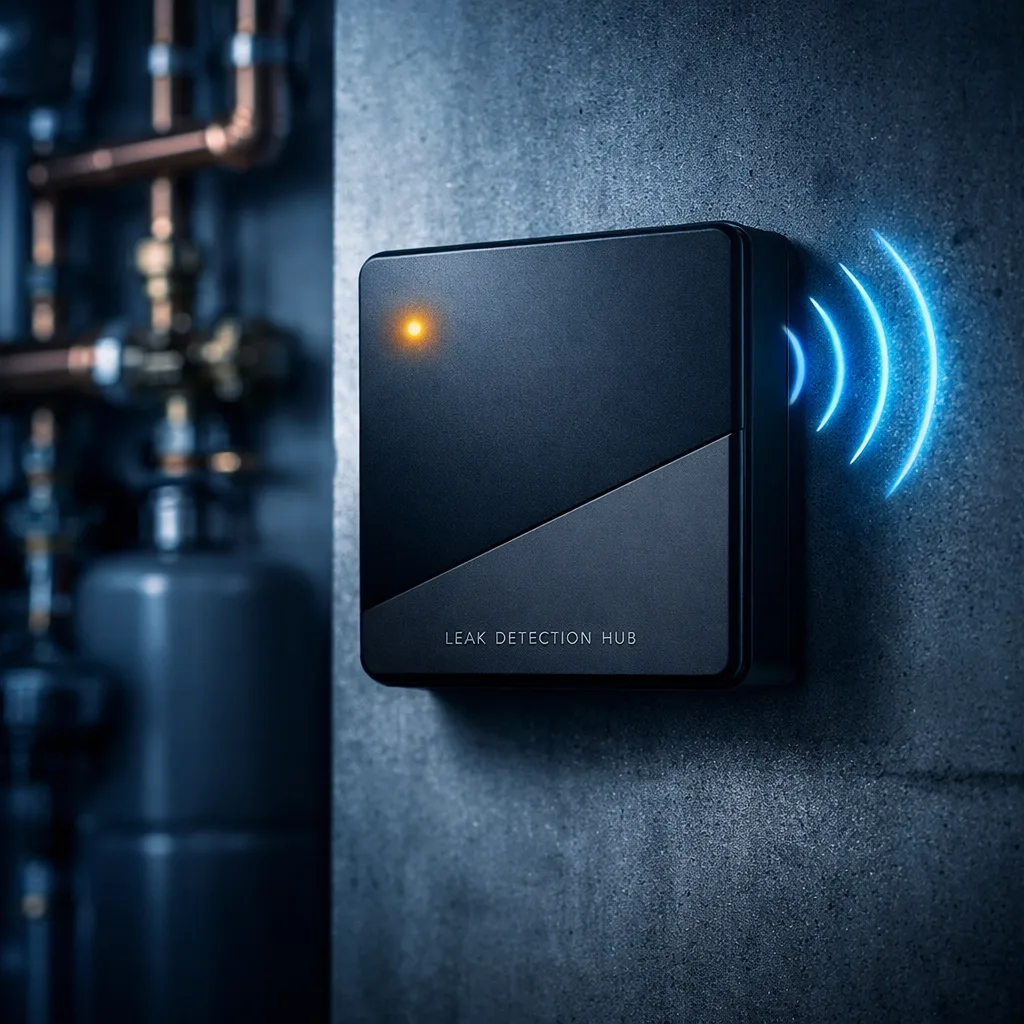 Reliable LTE-connected smart water leak detector hub for 24/7 wireless monitoring in high-rise buildings.