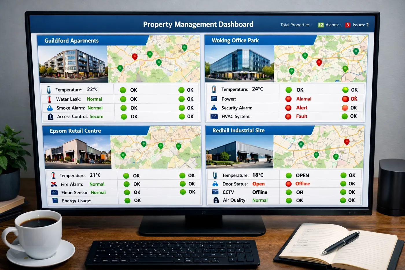 Property management dashboard monitoring multiple Surrey locations with leak detection status