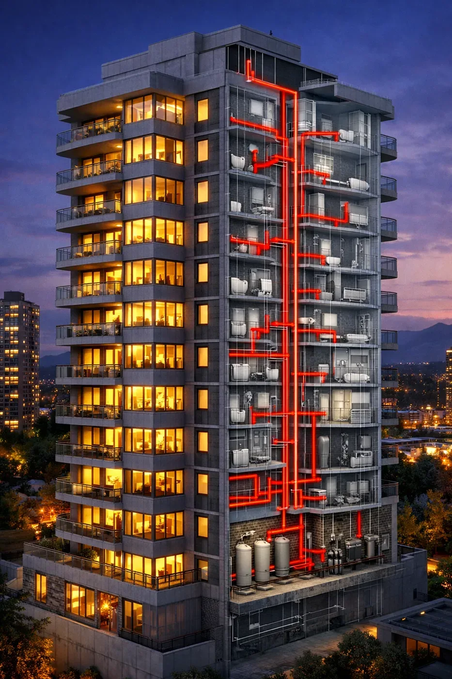 Burnaby condo building cross-section showing Poly B pipe distribution throughout multiple floors