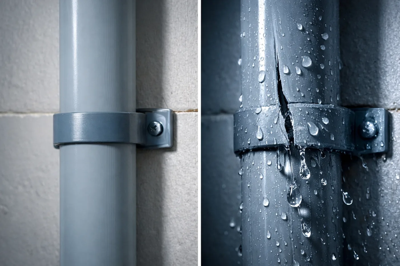 Comparison of intact and failed Poly B pipe showing crack and water leak damage