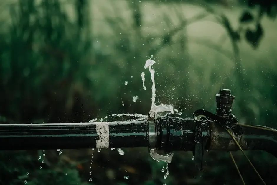 A close-up of a black water pipe with a noticeable leak, showing droplets of water splashing against a blurred, green background of foliage.